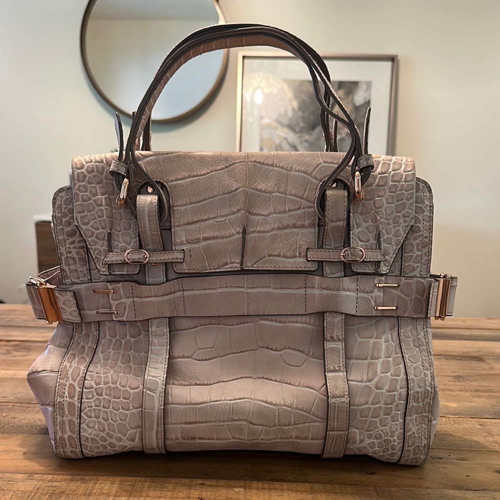 Kooba Gray Crocodile-Embossed Satchel